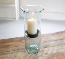 Handmade Hammered Glass Hurricane Candleholder With Rustic Tray