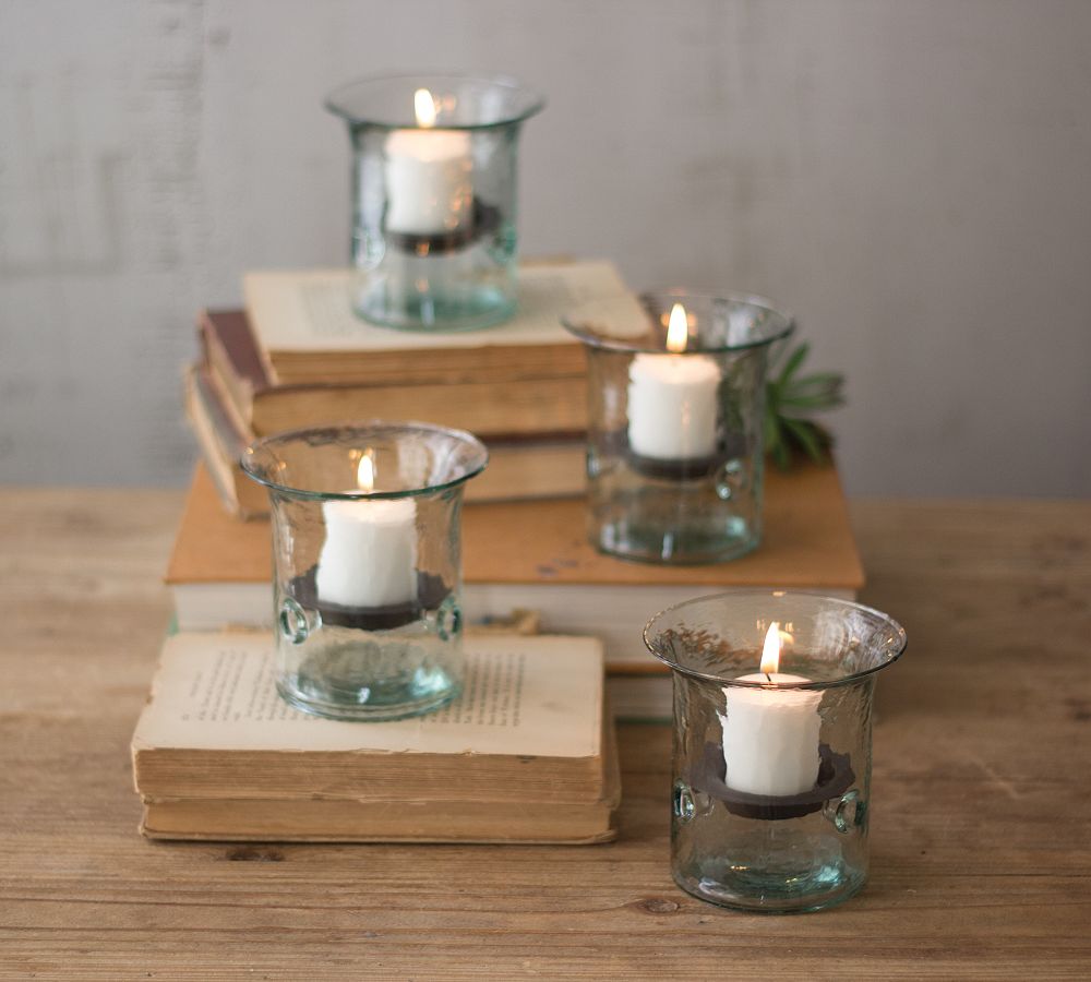 Handmade Mini Glass Hurricane Candle Holder With Rustic Tray - Set of 4