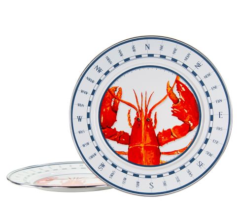 Golden Rabbit Lobster Enamel Charger Plates, Set of 2