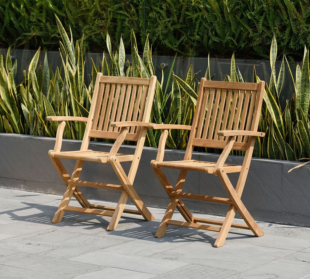 Natural Teak Folding Outdoor Dining Armchairs, Set of 2