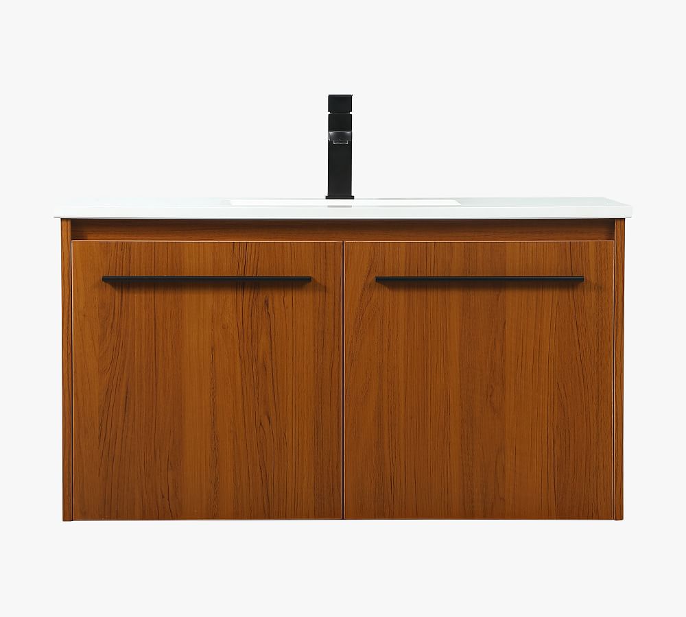 Teak 36" Single Sink Floating Vanity with Black Metal Pulls