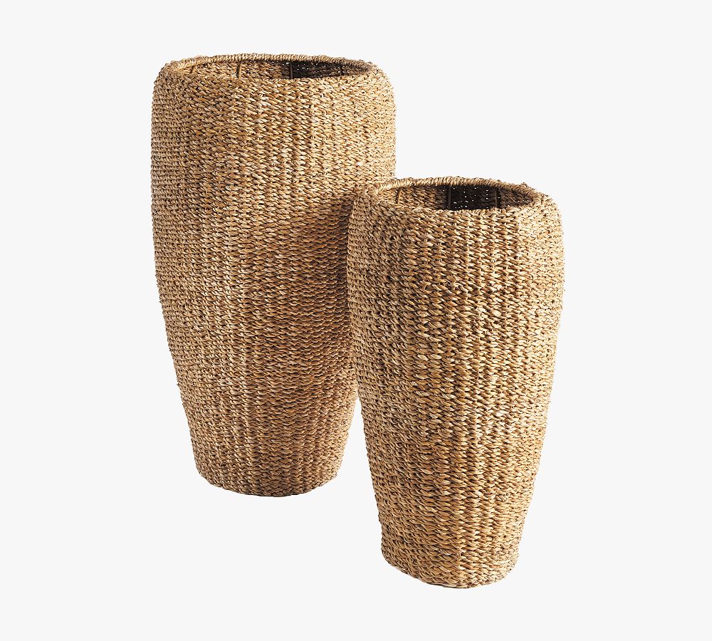 Handwoven Natural Seagrass Tall Indoor Planters - Set of 2