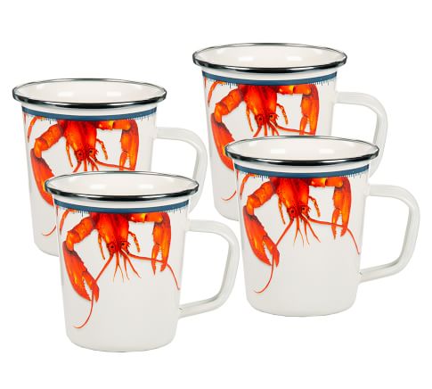 Golden Rabbit Lobster Enamel Mugs, Set of 4