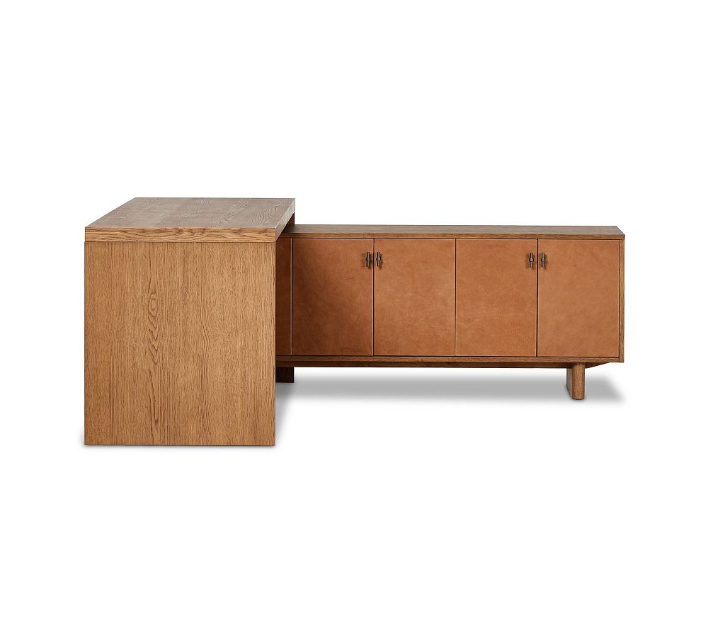 Amber Oak and Cognac Leather L-Shaped Corner Desk