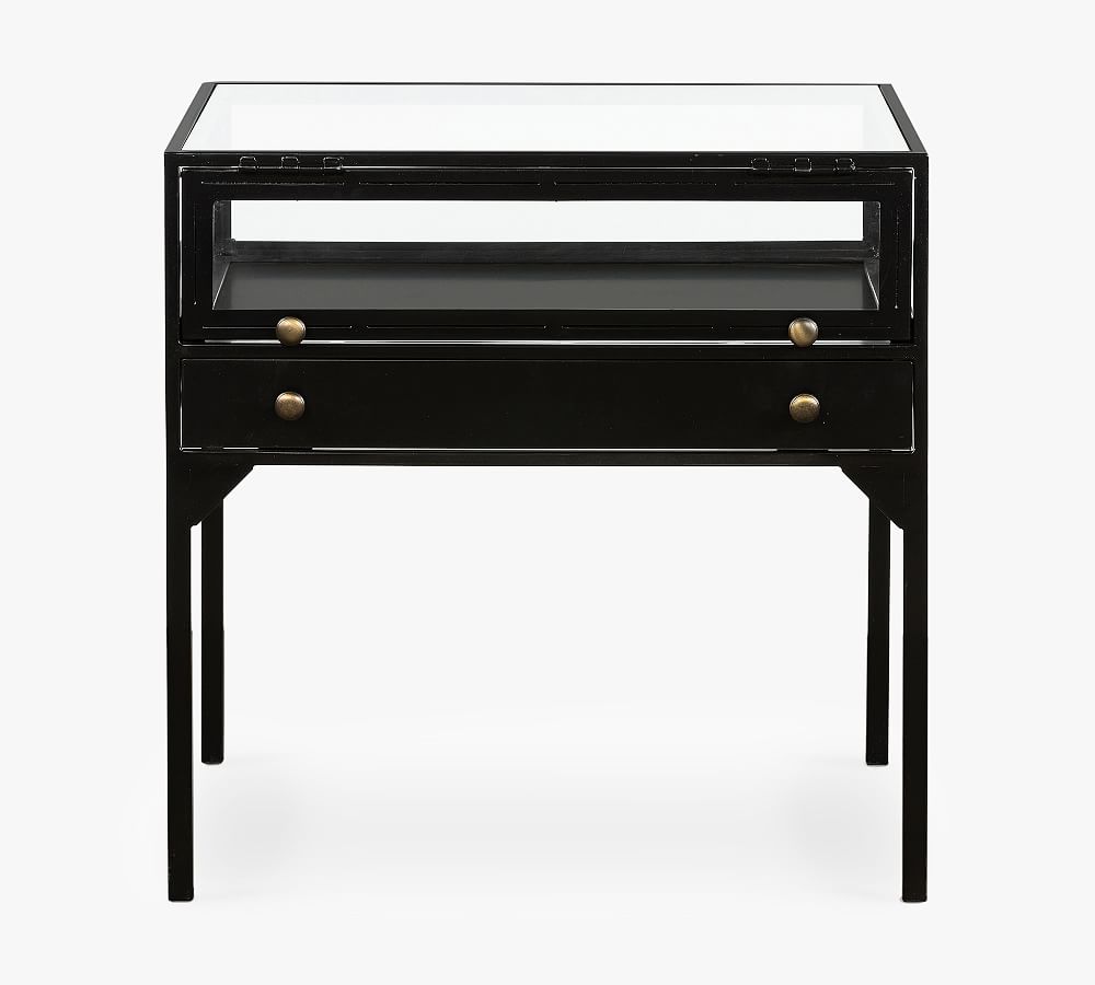 Black Metal and Glass Round End Table with Storage