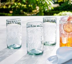 Etched Floral Recycled Glass Drinking Glasses - Set of 4
