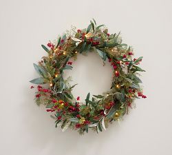 Lit Faux Eucalyptus and Berry Wreath &amp; Garland