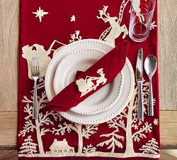 Sleigh Bell Crewel Embroidered Cotton Table Runner