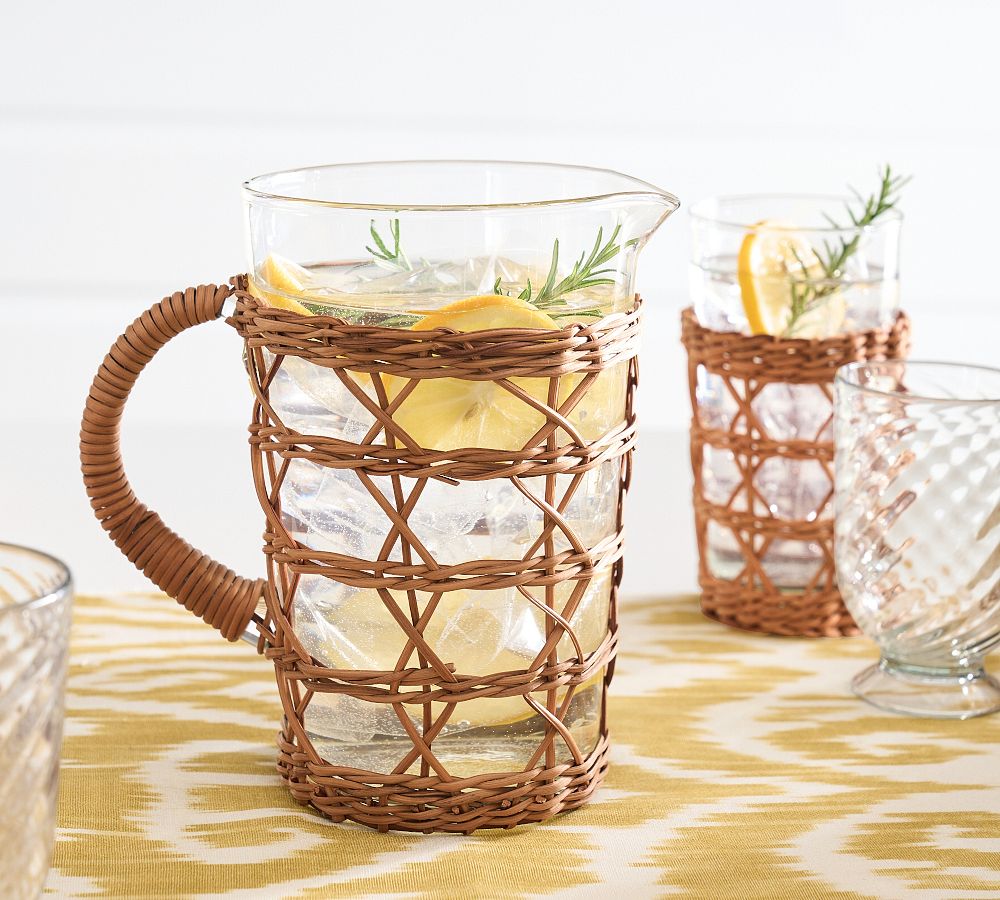 Handwoven Wicker and Glass Pitcher