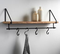Lucy Mango Wood Shelf With Hooks (36&quot;)