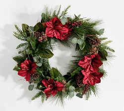 Faux Amaryllis &amp; Pinecones Wreath &amp; Garland