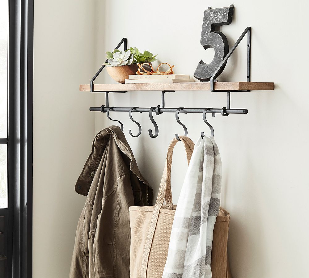 Lucy Mango Wood Shelf With Hooks (36&quot;)