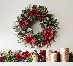 Open Box: Faux Amaryllis &amp; Pinecones Wreath &amp; Garland