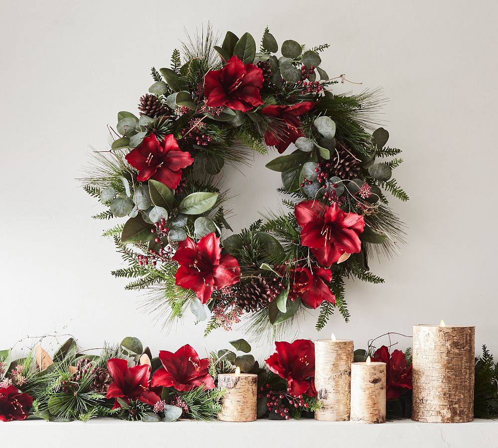 Open Box: Faux Amaryllis &amp; Pinecones Wreath &amp; Garland