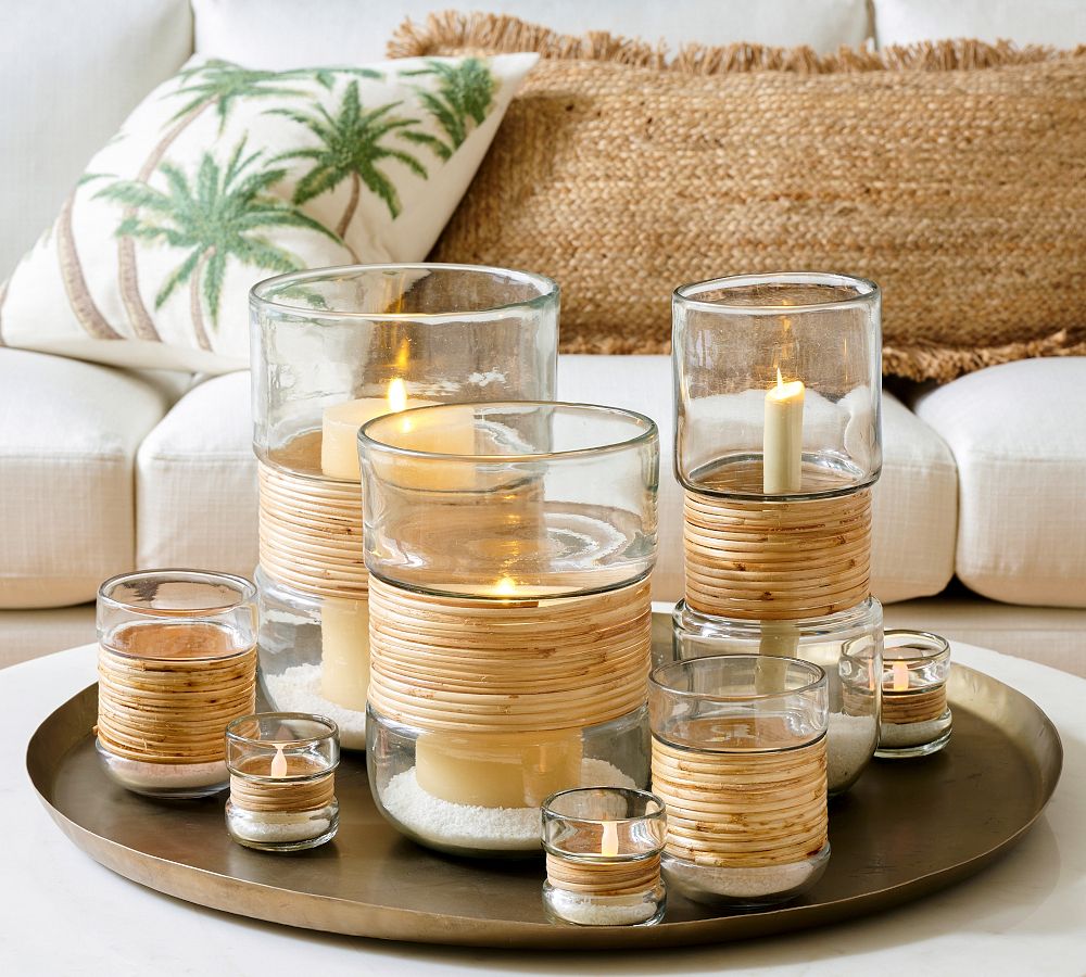 Palm Woven Rattan &amp; Glass Hurricane Candleholder
