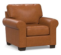 Buchanan Roll Arm Leather Armchair, Polyester Wrapped Cushions, Signature Maple