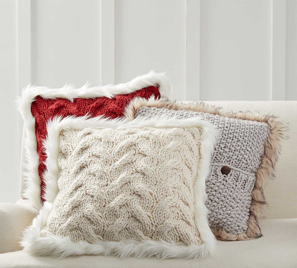 Button Knit Faux Fur Trim Pillow Cover