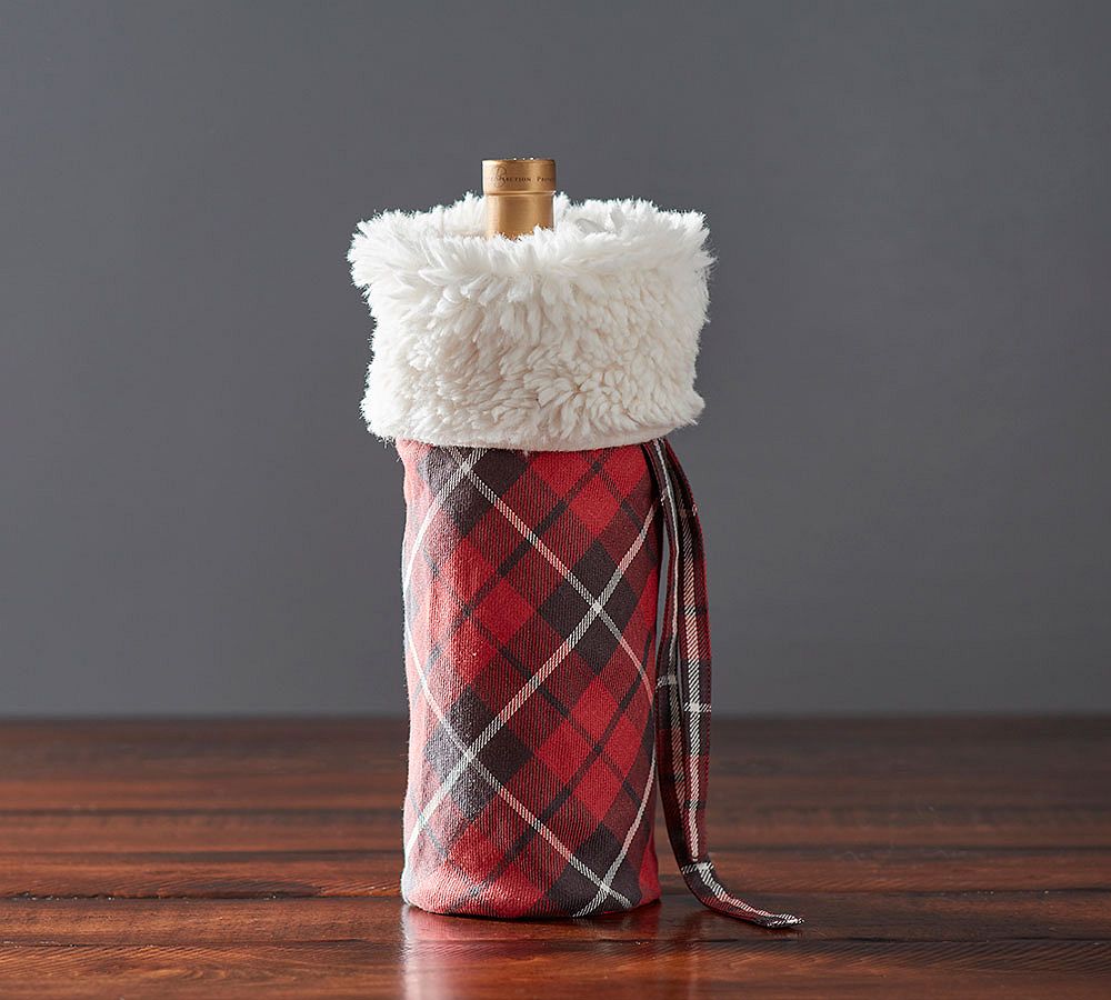 Landon Plaid Wine Bag with Sherpa Trim