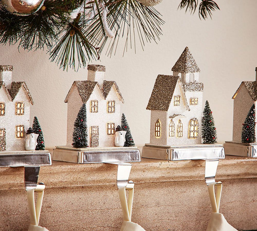 Lit German Glitter Village Houses Stocking Holders