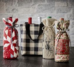 Rustic Forest Embroidered Cotton/Linen Wine Bag