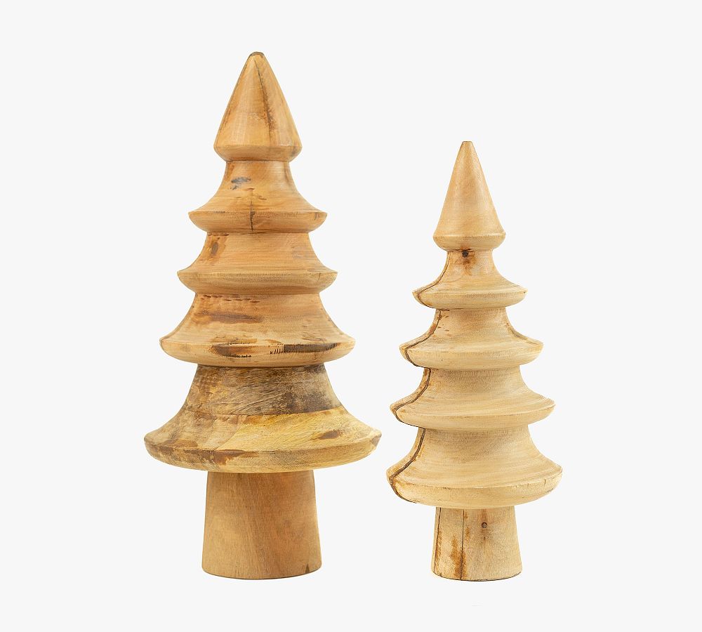 Turned Mango Wood Christmas Trees - Set of 2