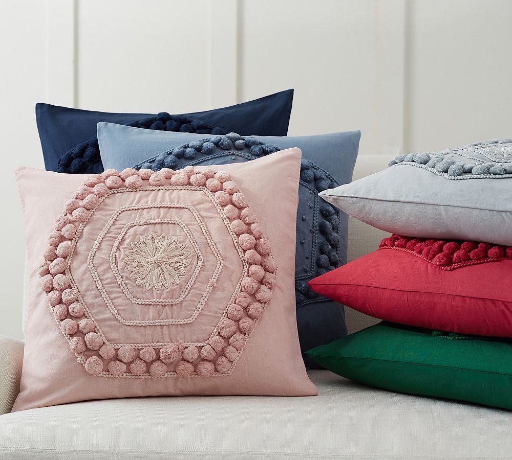 Pom Pom Embroidered Pillow Cover