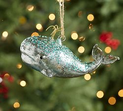 Blue Glitter Whale Glass Ornament