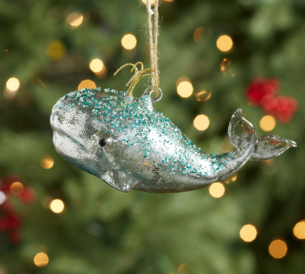 Blue Glitter Whale Glass Ornament