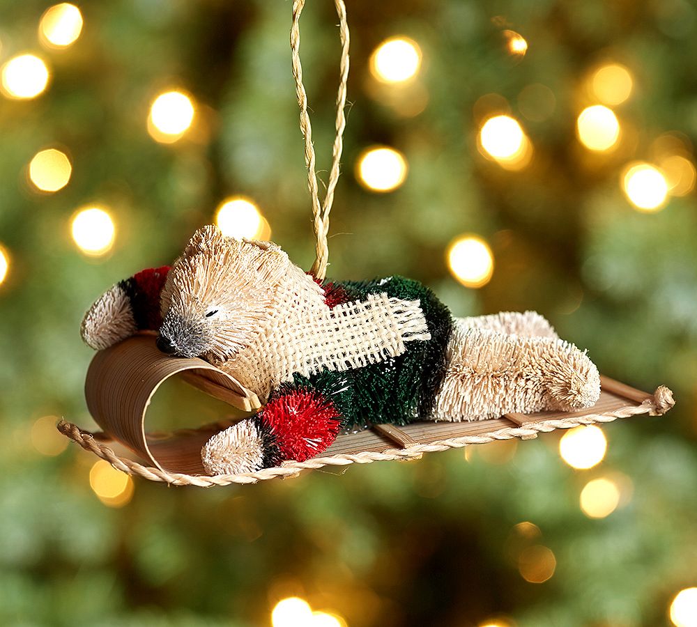 Bottle Brush Sleeping Polar Bear on Sled Ornament