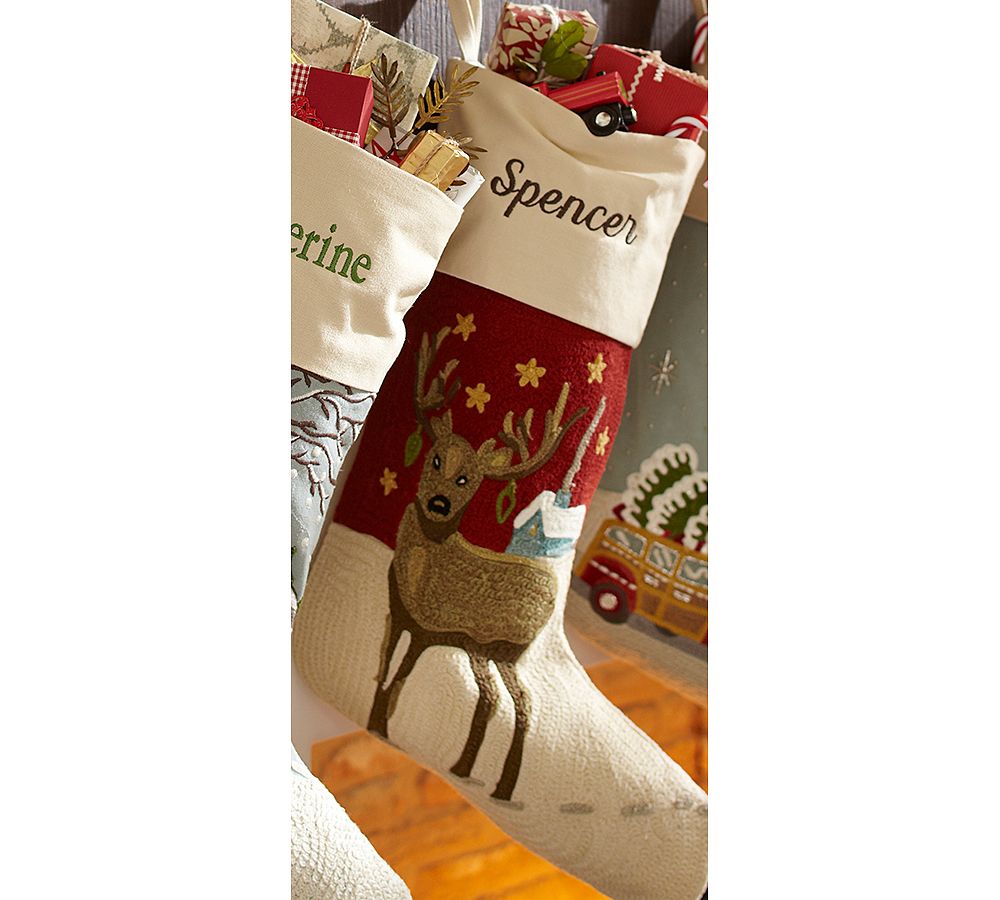 Crewel Embroidered Stocking, Reindeer