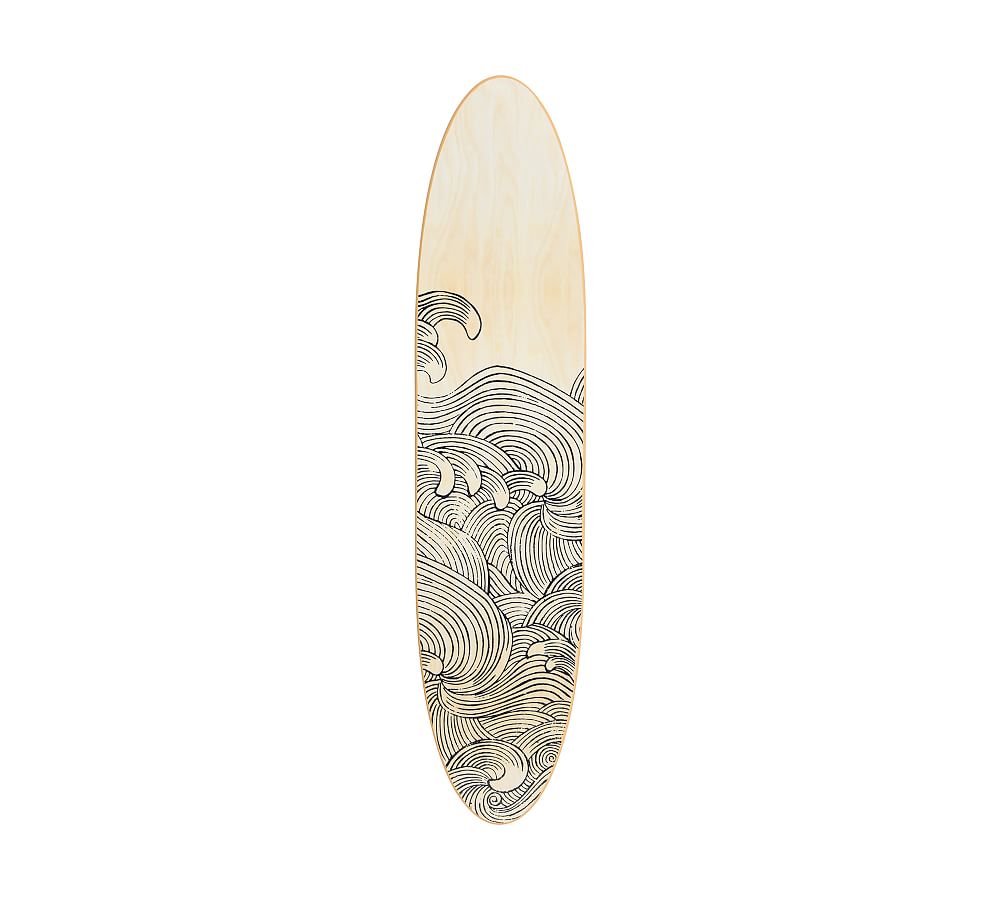 Natural Wood Surfboard Wall Art with Wave Design, 66"