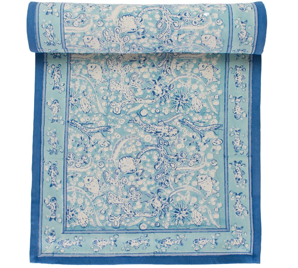 La Mer Block Print Cotton Table Runner in Aqua 16”x90”