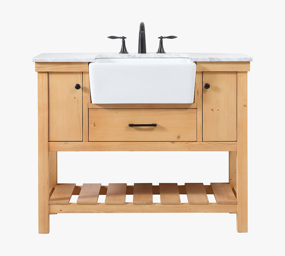 Natural Wood Single Sink Vanity with White Marble Top
