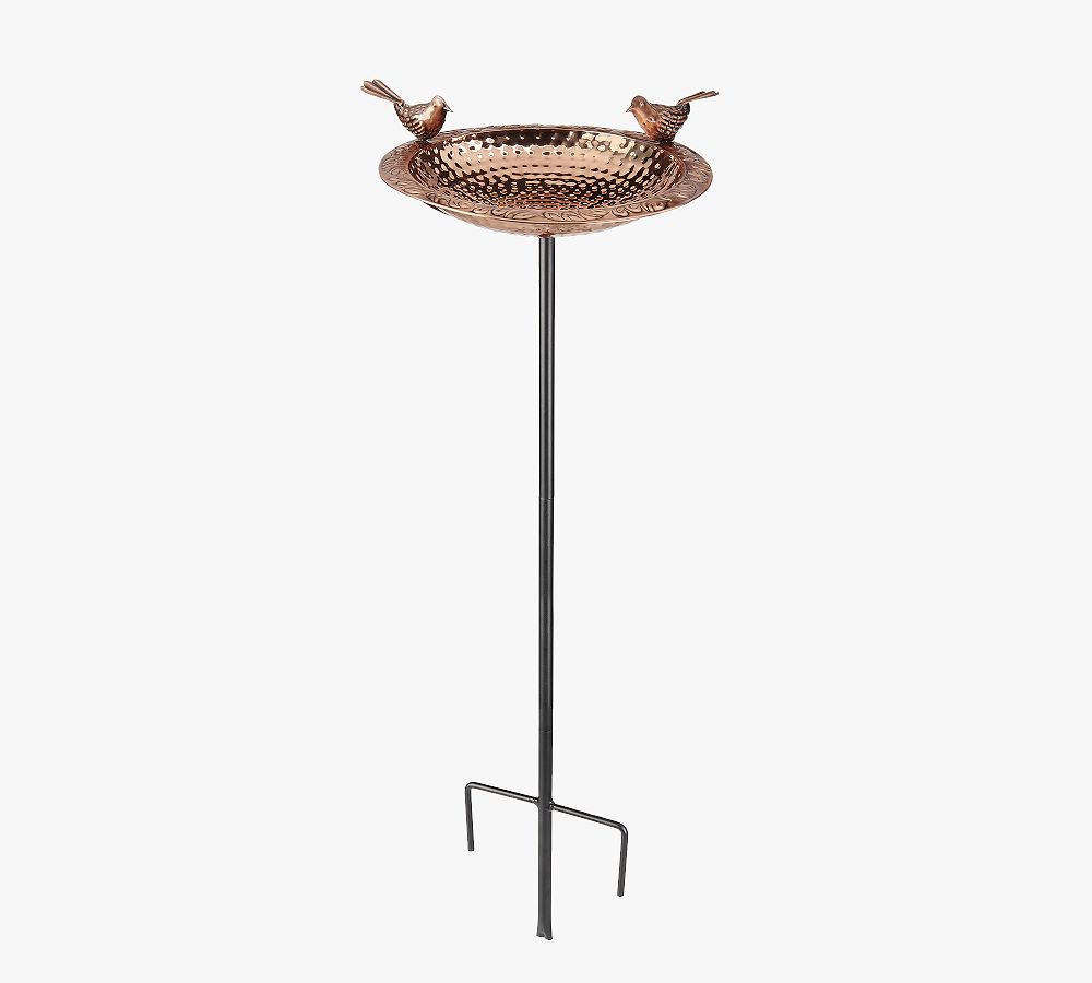 Copper Bird Bath with Decorative Birds on Steel Garden Pole