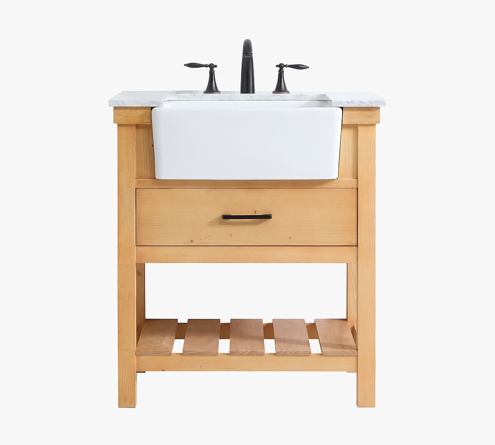 Natural Wood and White Marble Single Sink Vanity, 30"