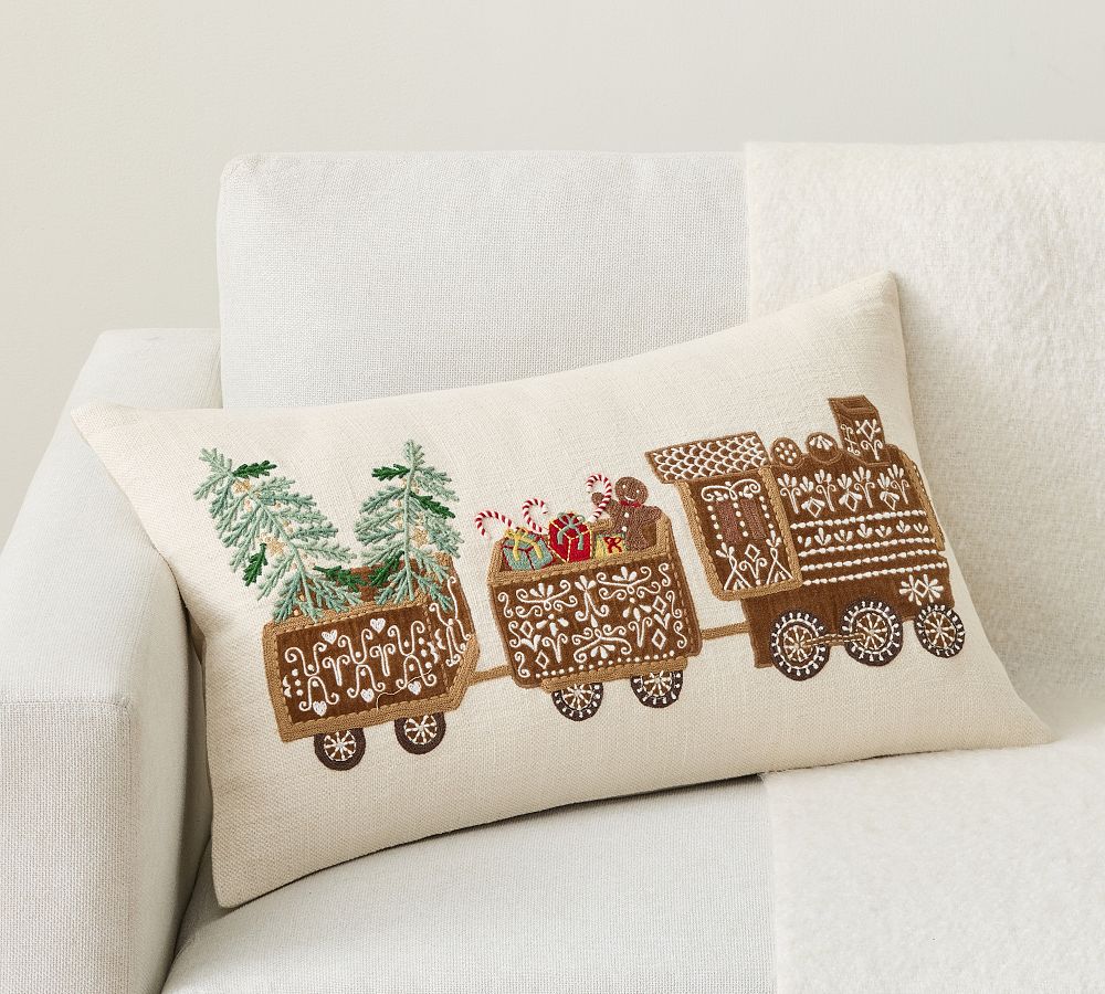 Open Box: Gingerbread Train Embroidered Lumbar Pillow