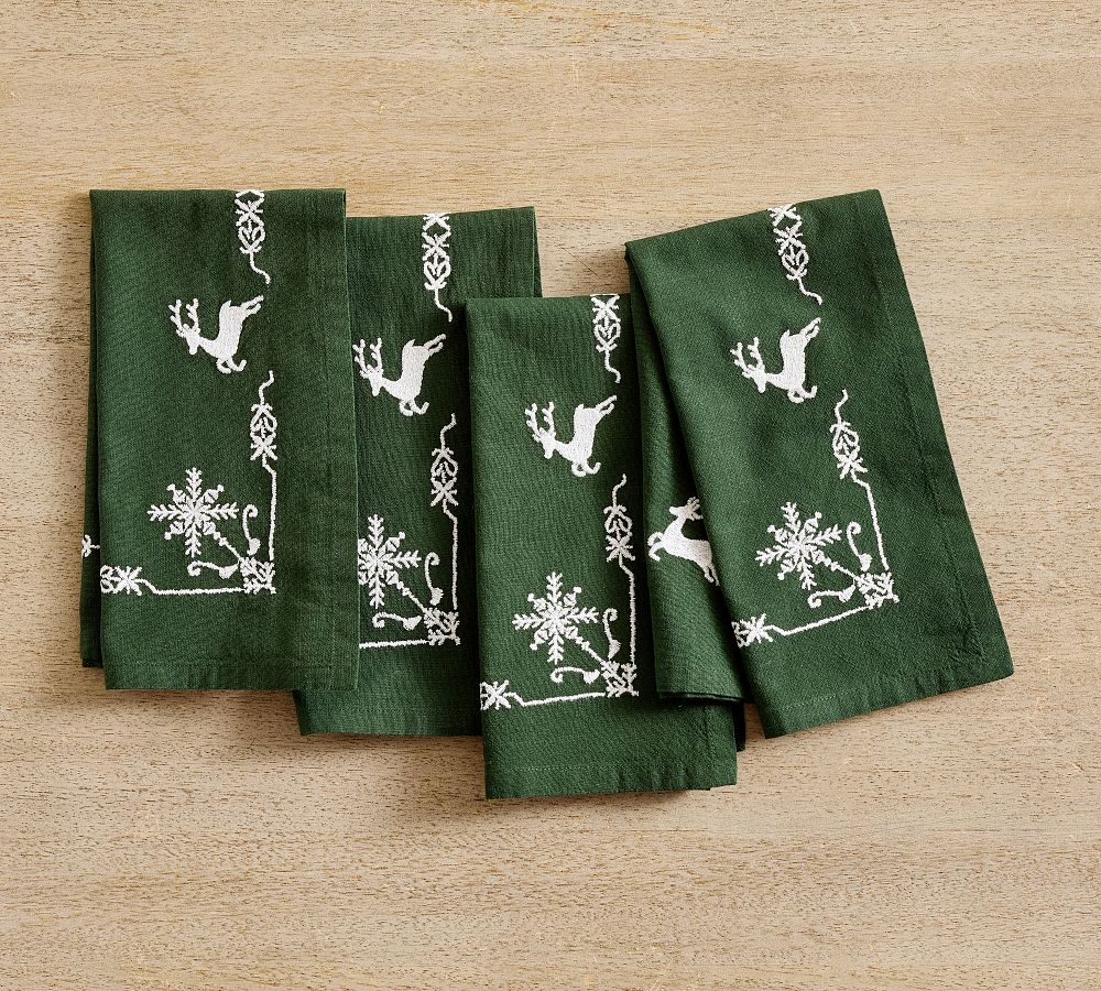 Reindeer Embroidered Cotton Napkins - Set of 4