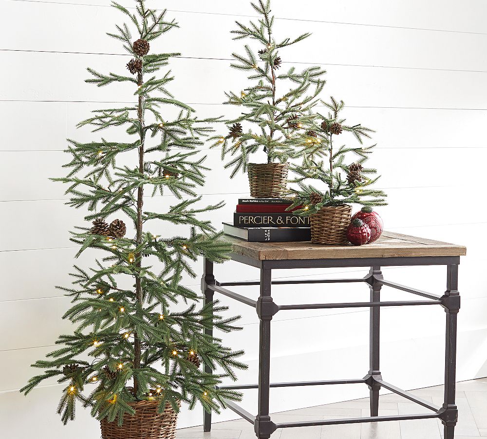 Lit Faux Pine Trees in Basket