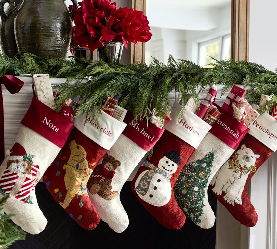 Red Christmas Tree Crewel Stocking