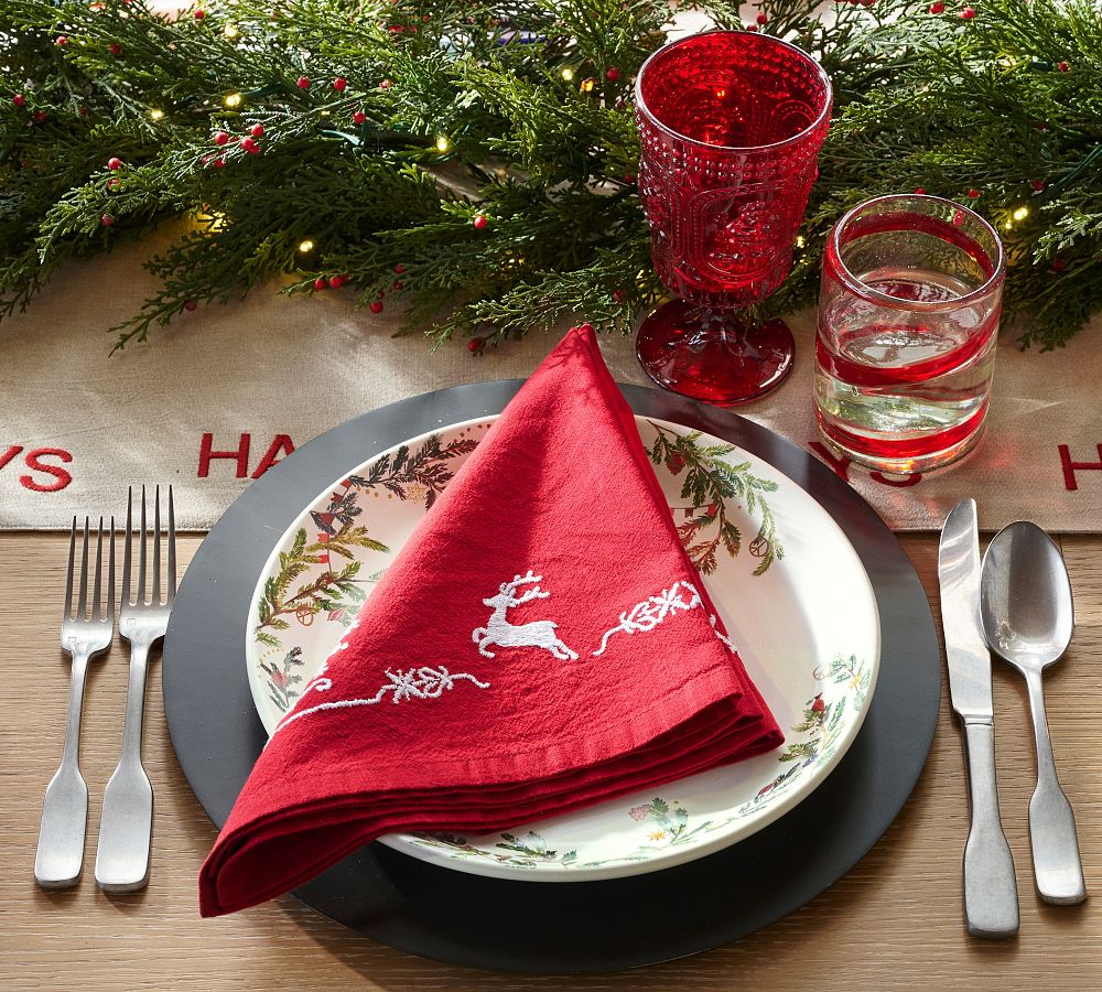 Reindeer Embroidered Cotton Napkins - Set of 4