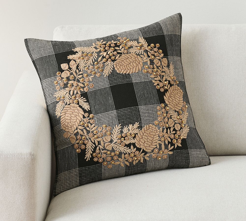 Geoffry Wreath Plaid Embellished Pillow