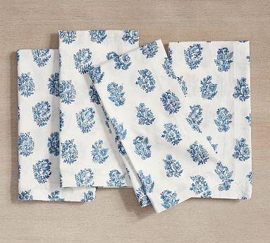 Sophia Floral Block Print Cotton Napkins, Set of 4 - Blue