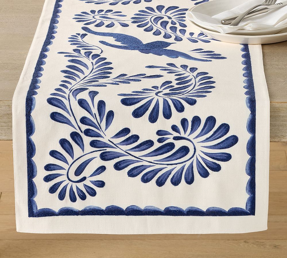 Puebla Embroidered Organic Cotton Table Runner (Blue)