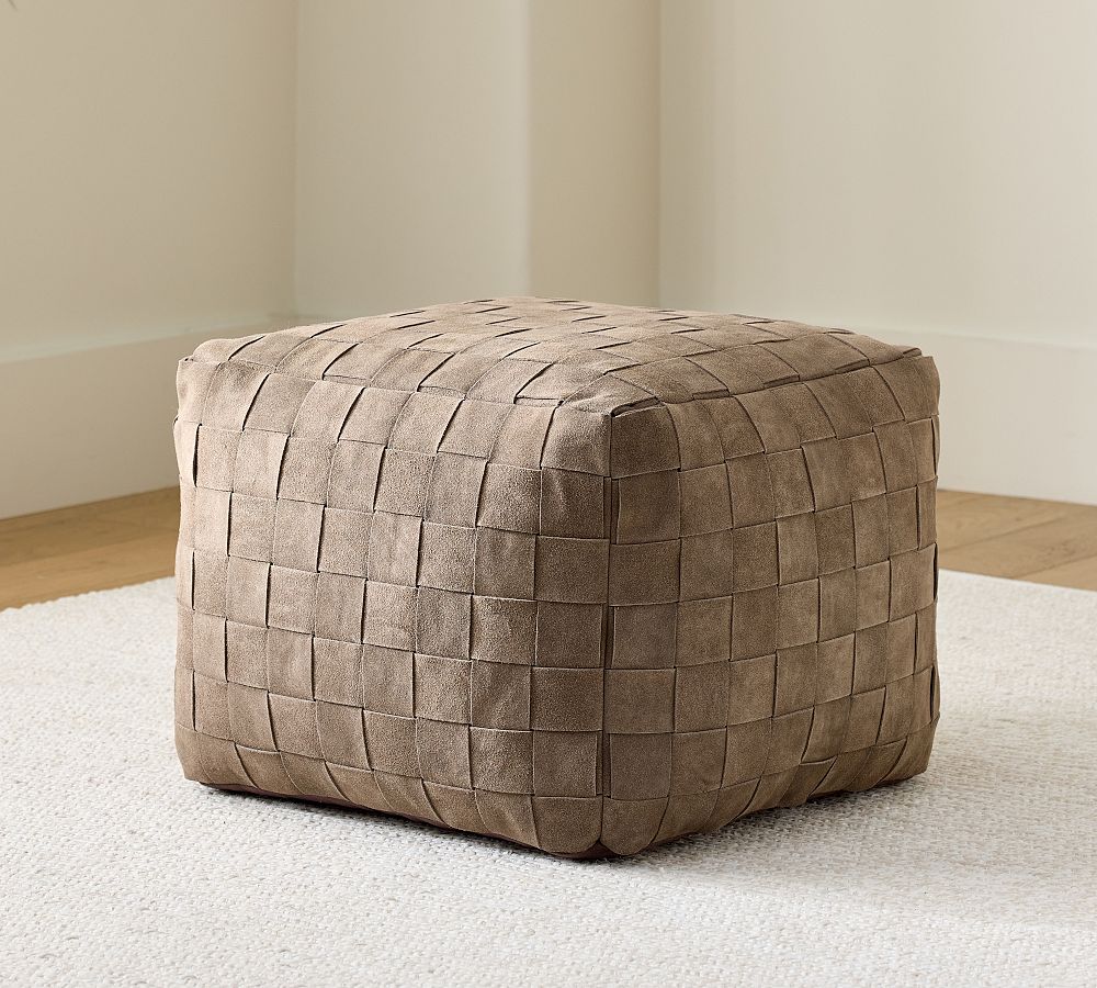 Open Box: Suede Basketweave Pouf, 18sq x 14", Brindle