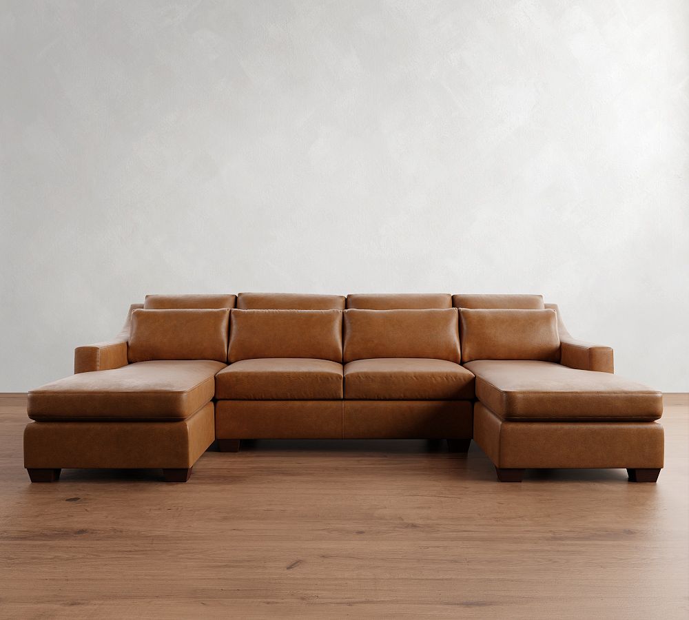 York Slope Arm Deep Seat Leather Double Chaise Sectional (112&quot;-132&quot;)