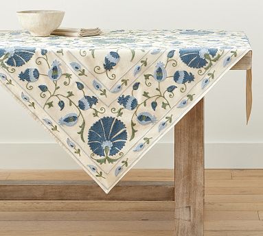 Alina Suzani Cotton/Linen Table Throw, 50&quot; - Blue Multi