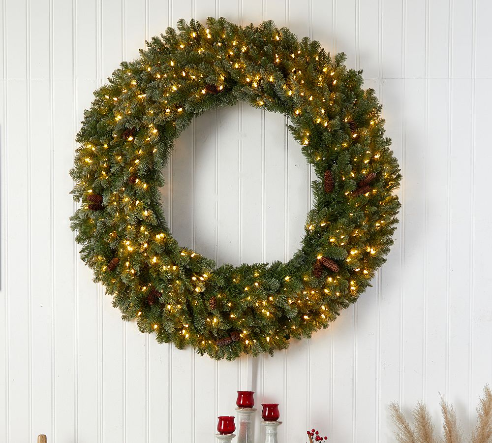 Lit Faux Flocked Oversized Holiday Wreath With Clear LED Lights