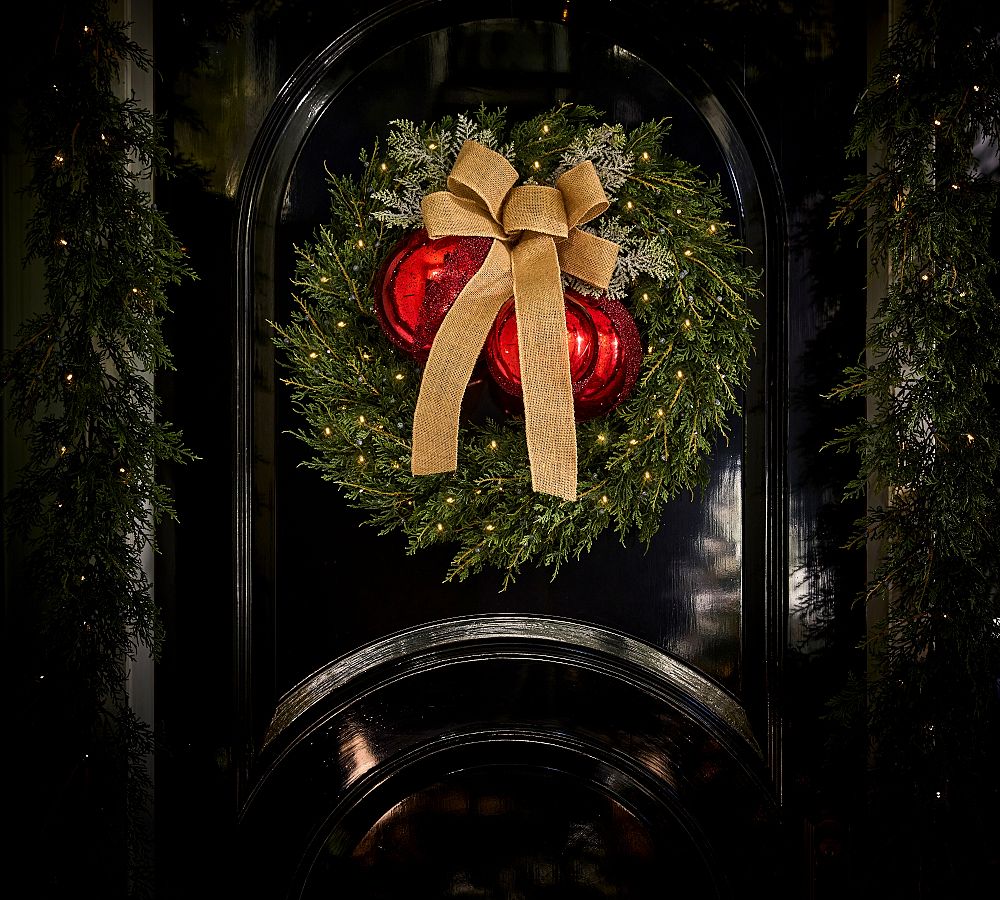 Lit Ornament and Bow Swag