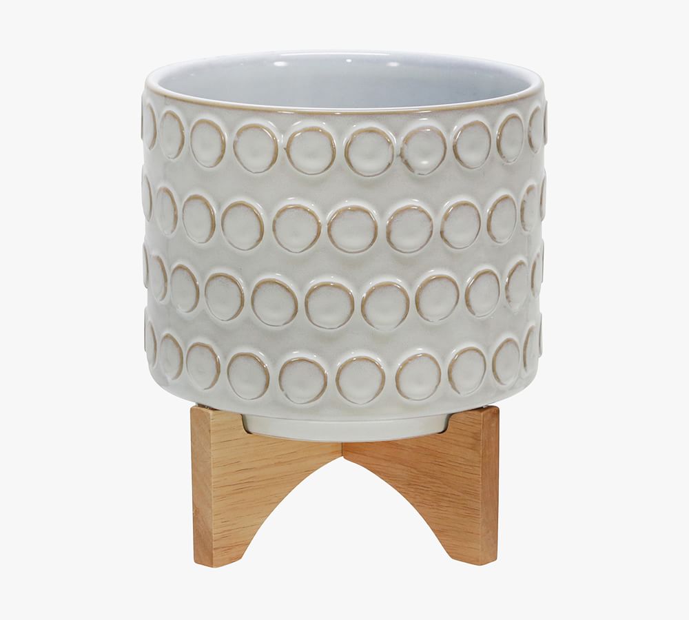 Elena Textured Ceramic Planters on Wooden Stand