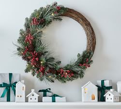 Lit Faux Red Berry &amp; Pine Wreath